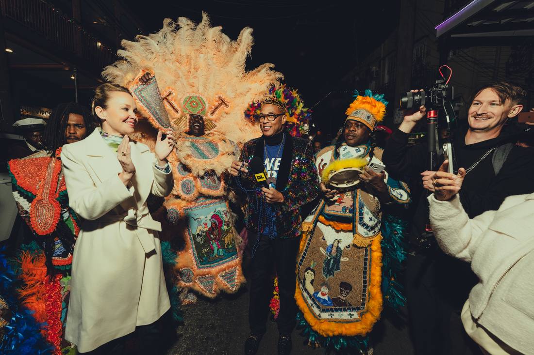 Don with Mardi Gras Indians in full suits on Frenchmen Street